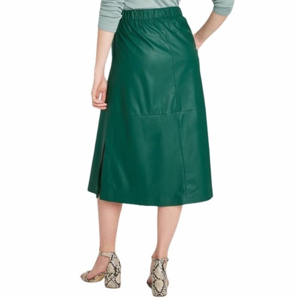 A NEW DAY Women's Green Faux Leather Trendy Contemporary A-Line Midi Skirt NWT - Picture 2 of 7